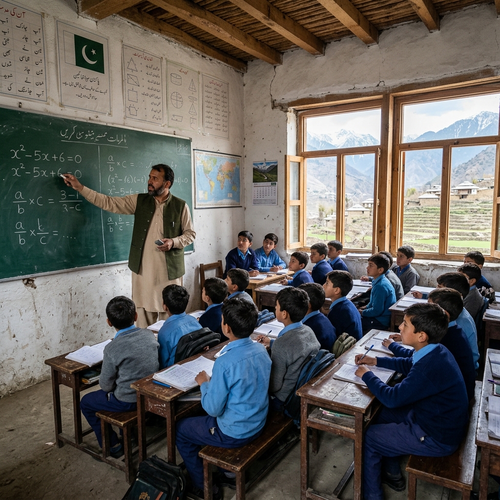Male teacher and students in Swat school